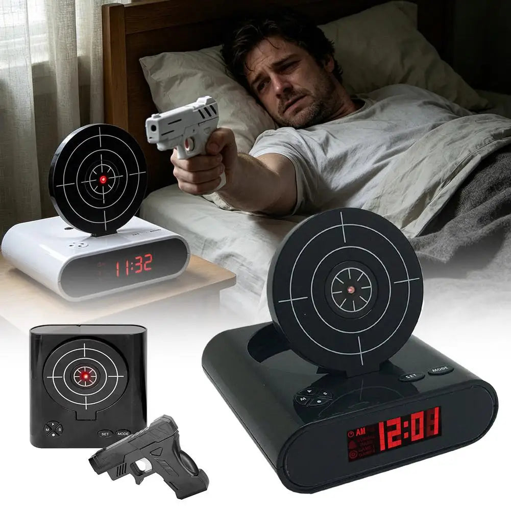 Digital Gun Alarm Clock with Target, Shooting Interactive Wake-Up Clock, Novelty Bedroom Gadget,Fun Game Alarm for Sleepy People