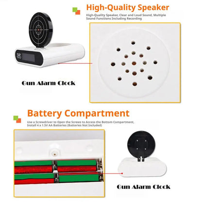 Digital Gun Alarm Clock with Target, Shooting Interactive Wake-Up Clock, Novelty Bedroom Gadget,Fun Game Alarm for Sleepy People