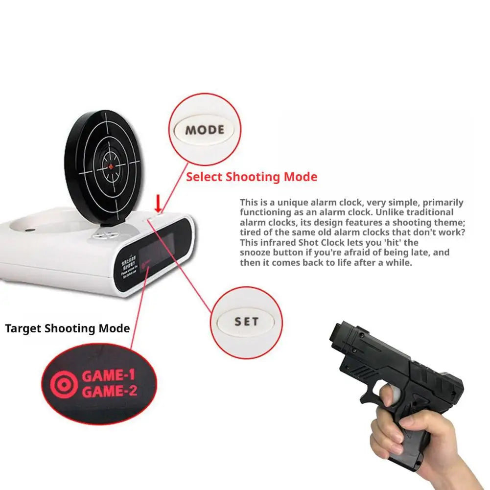 Digital Gun Alarm Clock with Target, Shooting Interactive Wake-Up Clock, Novelty Bedroom Gadget,Fun Game Alarm for Sleepy People