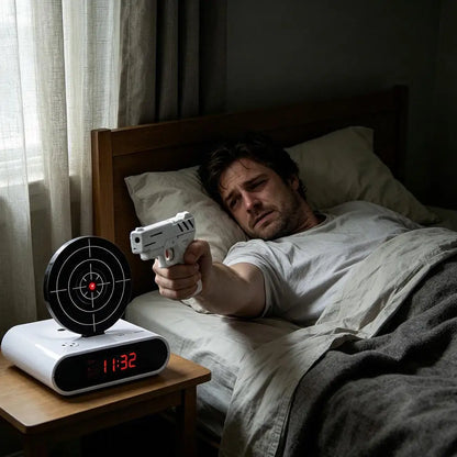 Digital Gun Alarm Clock with Target, Shooting Interactive Wake-Up Clock, Novelty Bedroom Gadget,Fun Game Alarm for Sleepy People