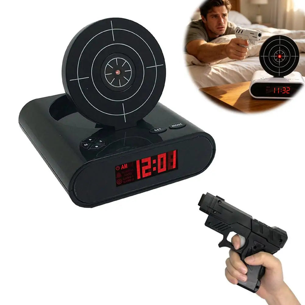 Digital Gun Alarm Clock with Target, Shooting Interactive Wake-Up Clock, Novelty Bedroom Gadget,Fun Game Alarm for Sleepy People