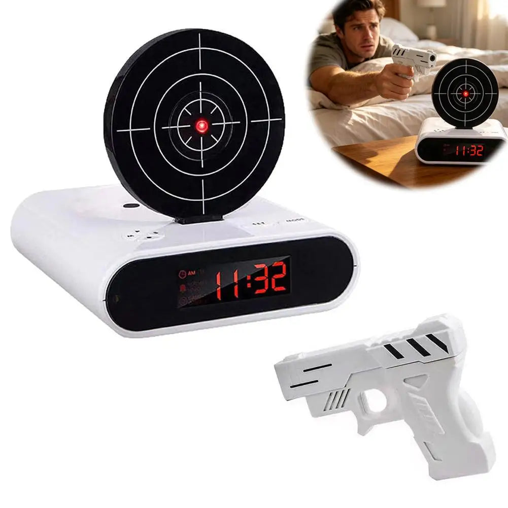 Digital Gun Alarm Clock with Target, Shooting Interactive Wake-Up Clock, Novelty Bedroom Gadget,Fun Game Alarm for Sleepy People