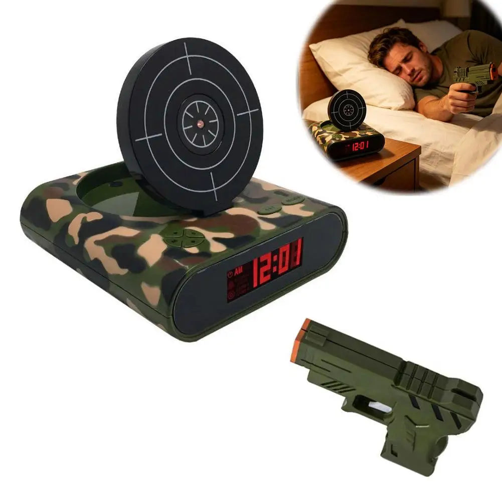 Digital Gun Alarm Clock with Target, Shooting Interactive Wake-Up Clock, Novelty Bedroom Gadget,Fun Game Alarm for Sleepy People